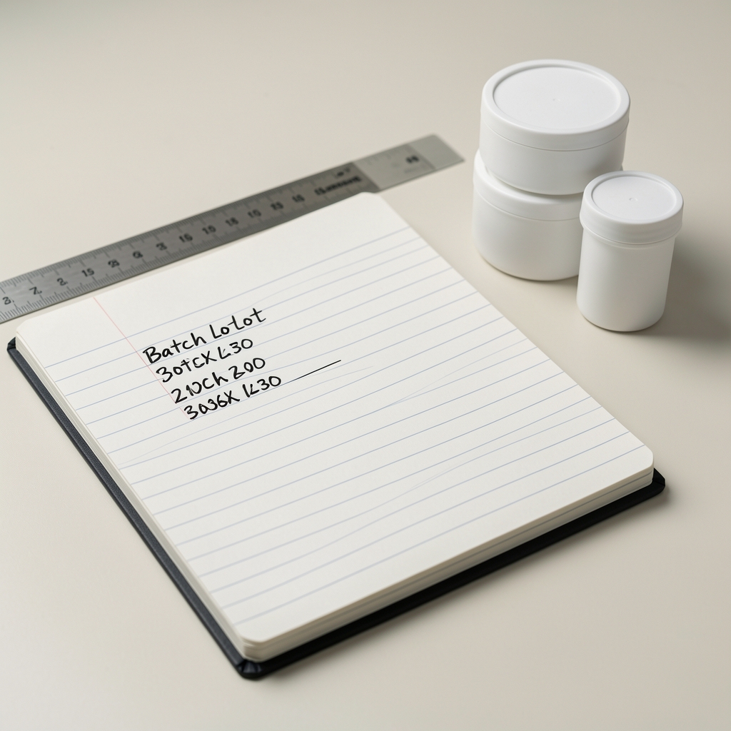 Quality-control environment showing a lined notebook with batch lot numbers written in ink, a ruler, and stacked white capsule containers on a smooth pale surface under controlled lighting