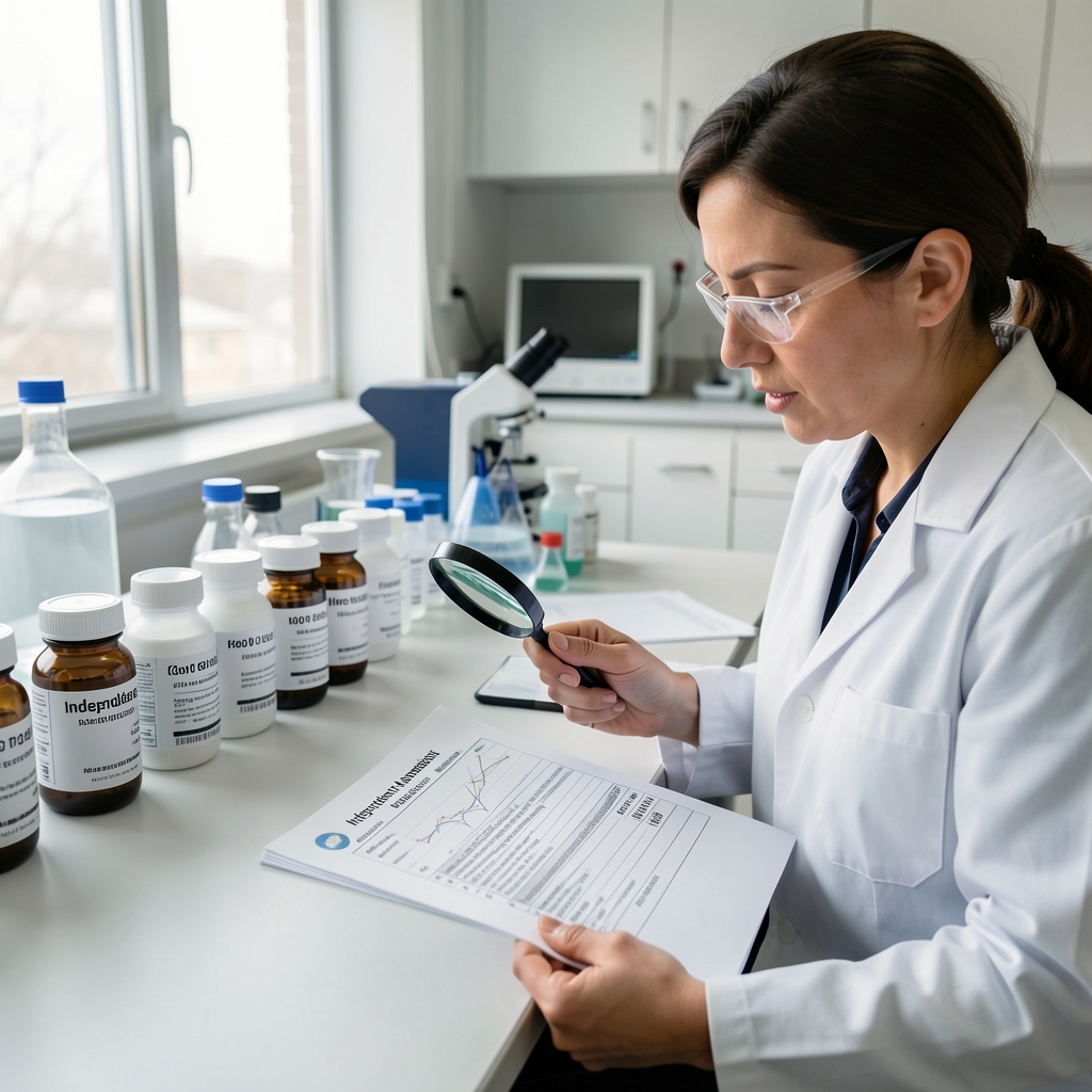 Laboratory liaison at a table reviewing printed independent analysis results with a magnifying glass, supplement containers lined up in a row with batch codes visible on their labels