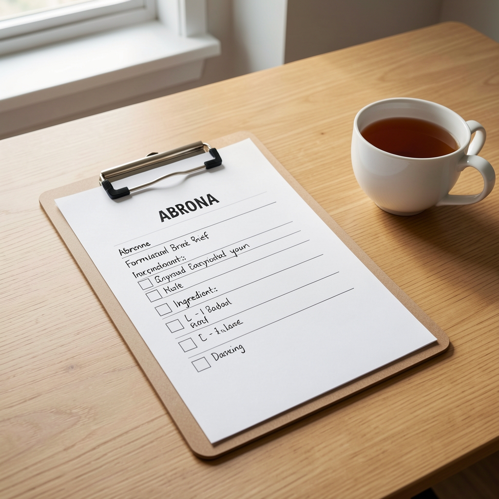 Abrona formulation brief document on a clipboard with a hand-written ingredient list and checkboxes on a clean wooden desk with natural window light and a cup of tea