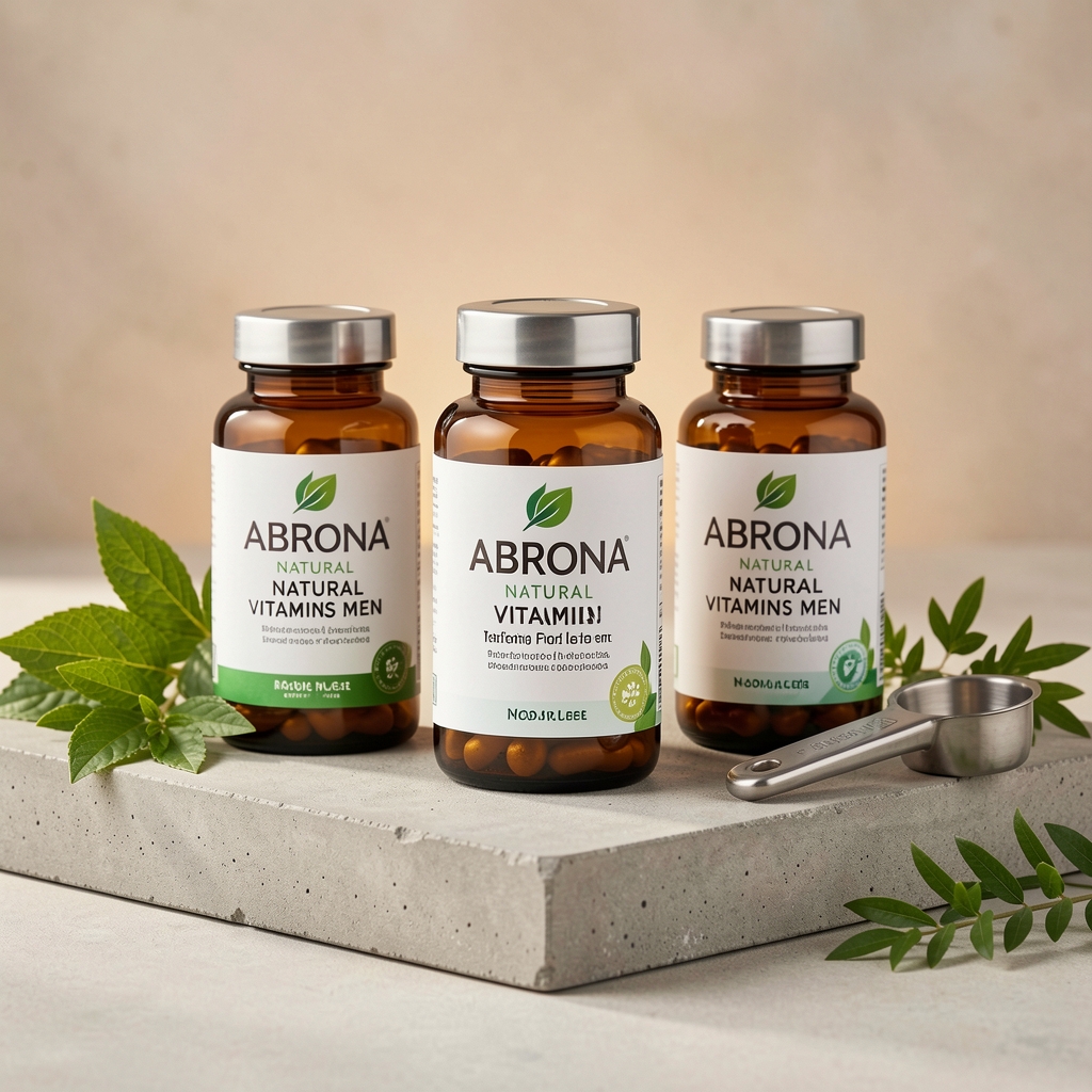 Three amber glass supplement bottles of Abrona natural vitamins for men arranged on a concrete surface with botanical sprigs and a measuring scoop under warm studio lighting