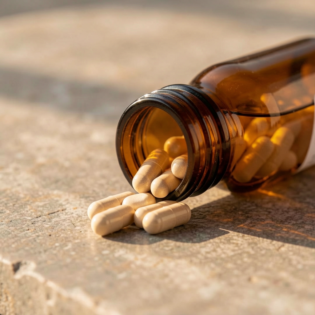 Close-up of Abrona Zinc Reserve supplement capsules poured from a small amber glass bottle onto a smooth stone surface with warm natural sidelight highlighting the capsule texture