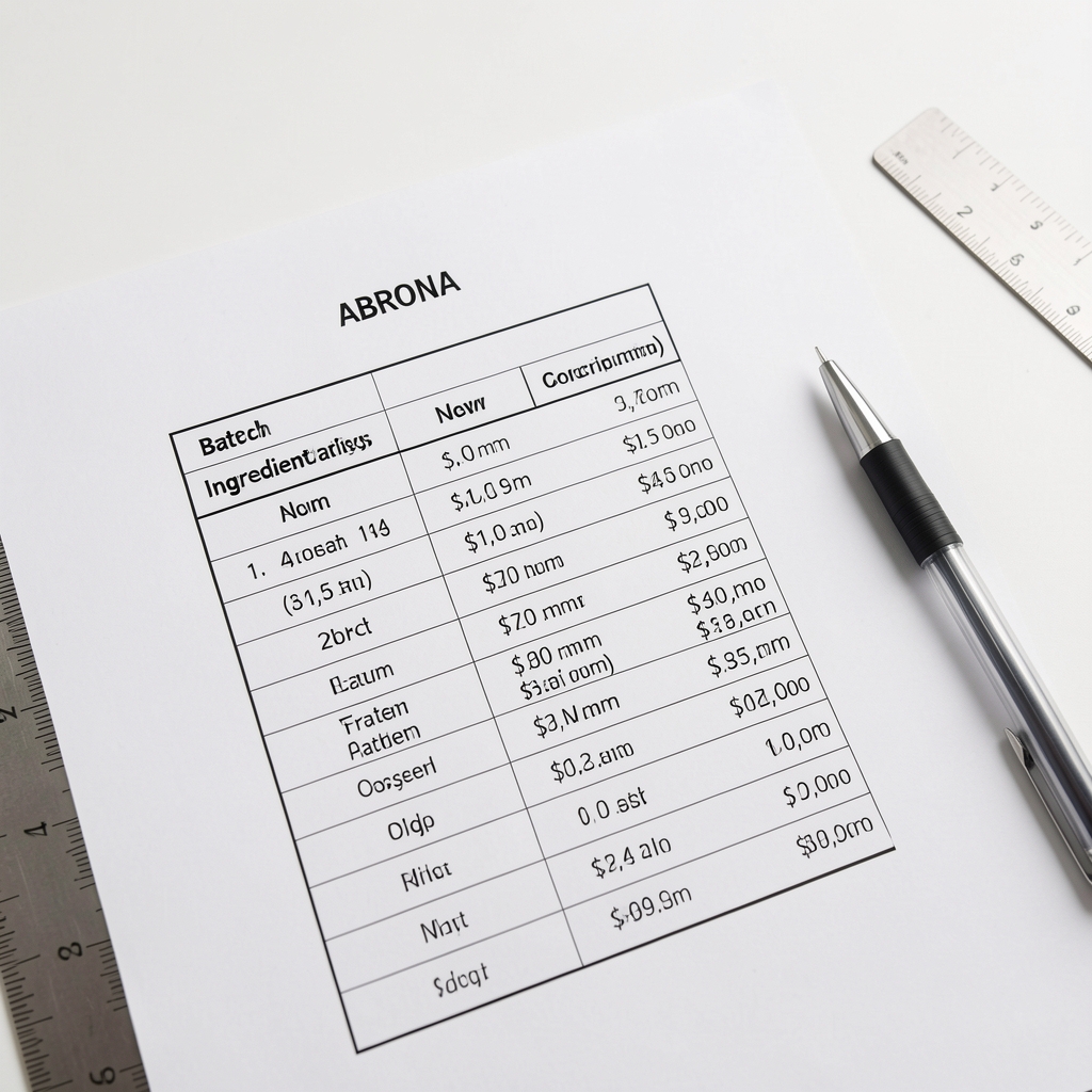 Close-up overhead view of printed Abrona batch ingredient analysis sheet showing nutrient columns with measured concentration values, a ruler, and a pen on a clean white surface under controlled lighting
